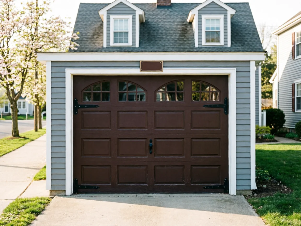 A brown garage door with decorative hardware is on a gray detached garage.