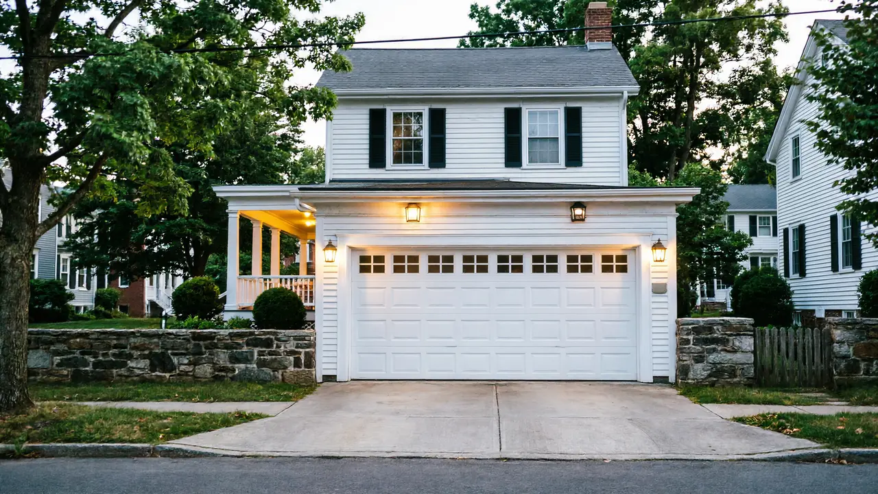 The house has a white garage door with windows and four outdoor lights.