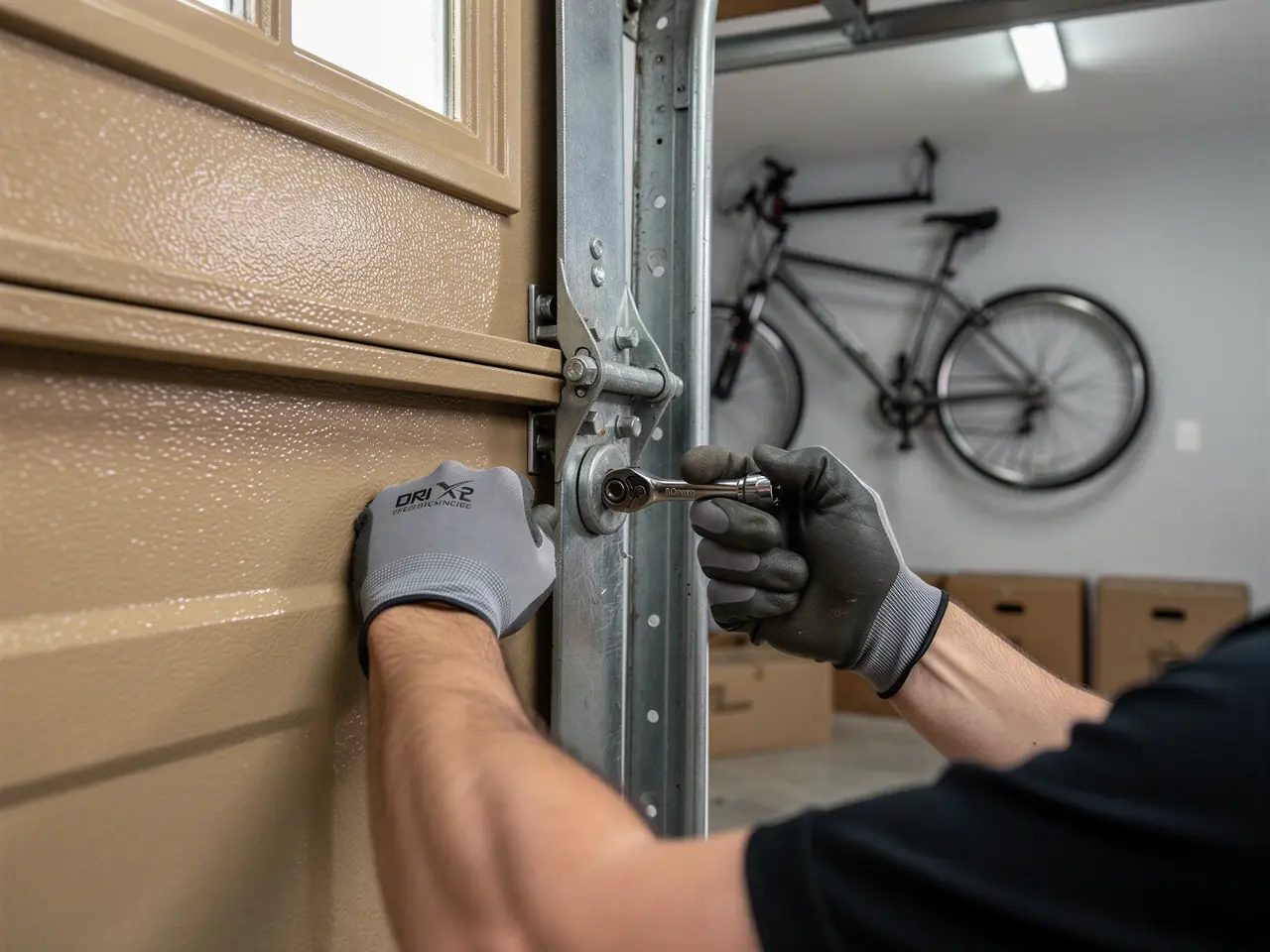A technician in gloves uses a wrench to adjust a garage door roller.